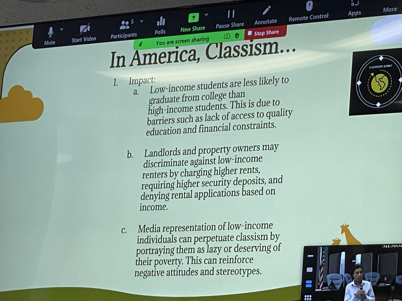 William Harris presented this slide highlighting aspects of American classism. Photo Credit: Mark Tyler