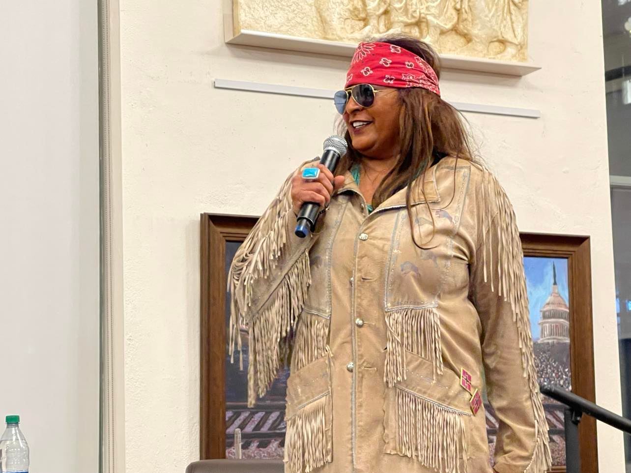 Pam Grier answers questions at the Wilmington Public Library. Photo Credit: Mark Tyler