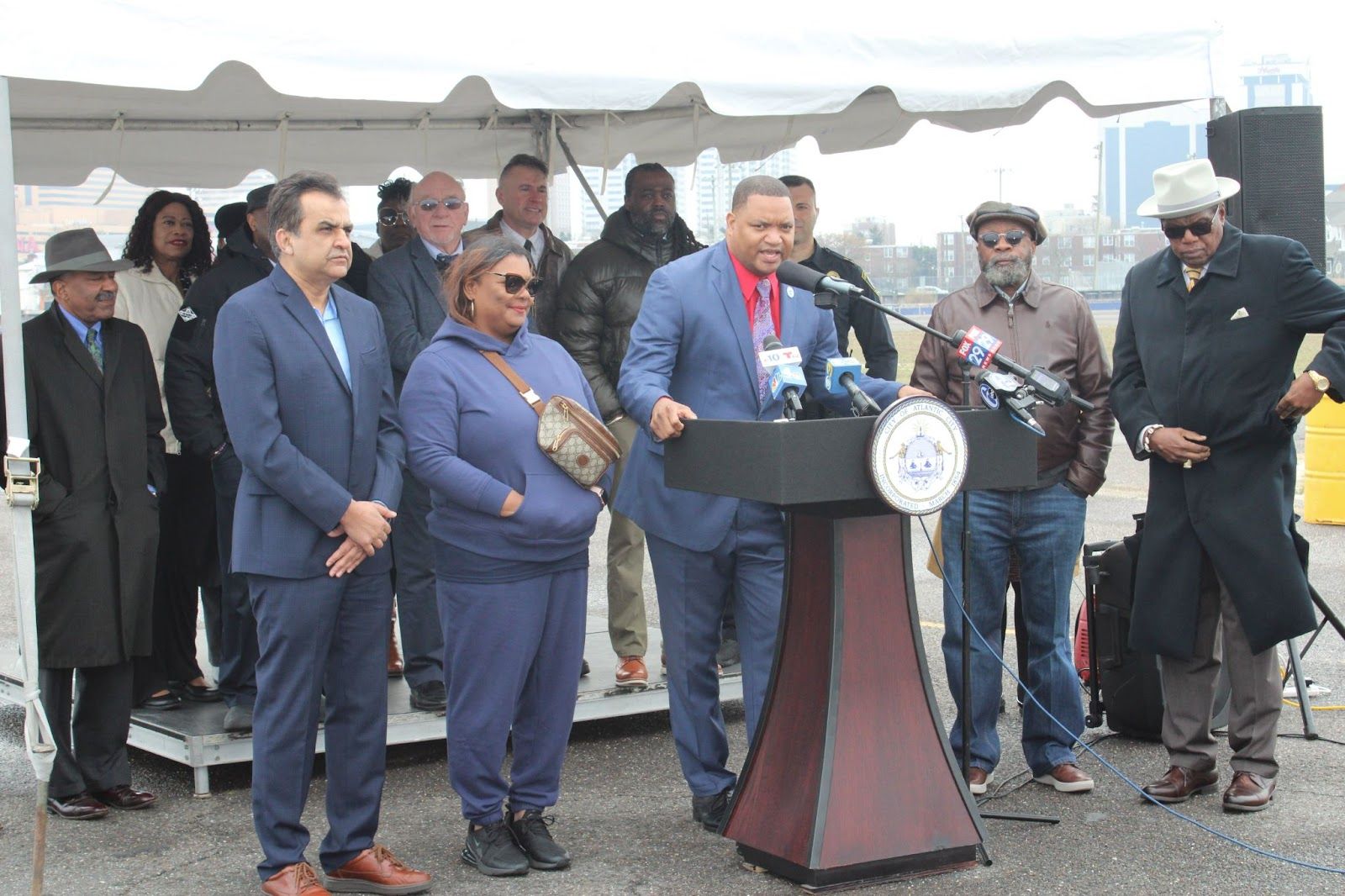 Mayor Marty Small Sr. and others gather for a news conference to discuss Bader Field redevelopment. Image Source: City of Atlantic City