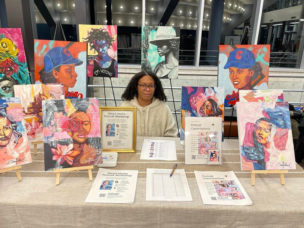 Chanelle René, an award winning artist who explores themes of diverse beauty, freedom and self-discovery, showed her work before the play at the Stockton University Performing Arts Center. Photo Credit: Mark Tyler