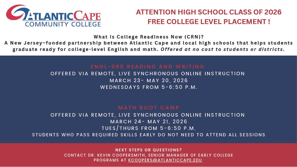 Free College Readiness Program from Atlantic Cape Helps High School Class of 2026 Prepare for College-Level English and Math