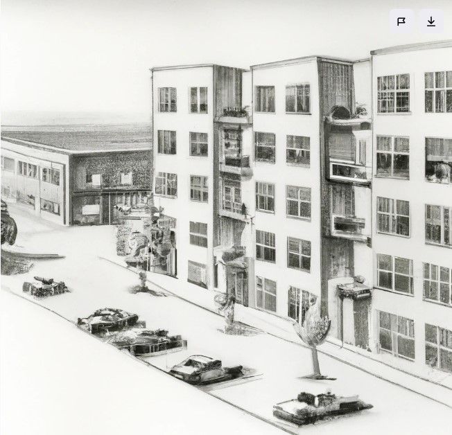 This drawing depicts a shift in urban public housing project design. Image Source: DALLE-2